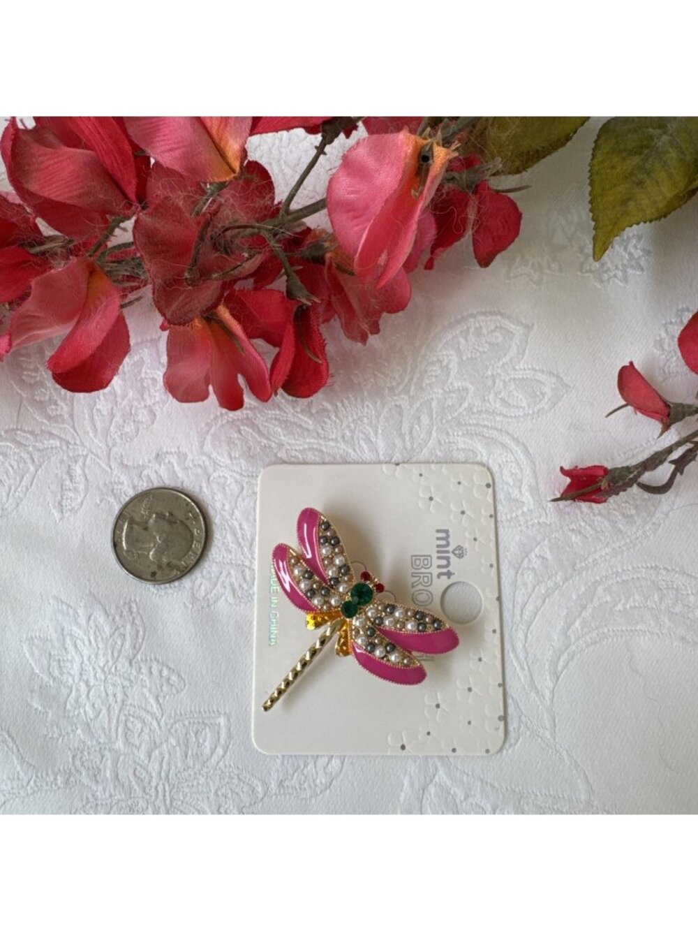 2.5" Pink Dragonfly Rhinestone GoldTone Brooch Enamel Colorful NEW